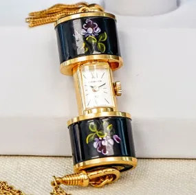 Vintage Ladies BUCHERER Q Pendant Swiss Watch Black Decorated Enamel Case - Multi Link Long Chain