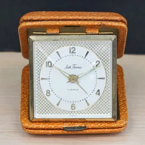 Vintage SETH THOMAS Wind-Up Travel Alarm Clock 7 Jewels Original Genuine Leather Case