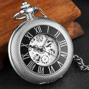 Vintage Unisex Engraved Hand Wind Mechanical Steampunk Skeleton Pocket Watch