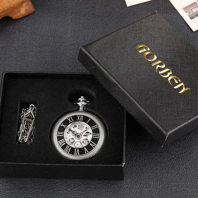 Vintage Unisex Engraved Hand Wind Mechanical Steampunk Skeleton Pocket Watch