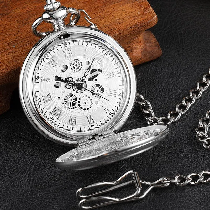 Vintage Unisex Engraved Hand Wind Mechanical Steampunk Skeleton Pocket Watch