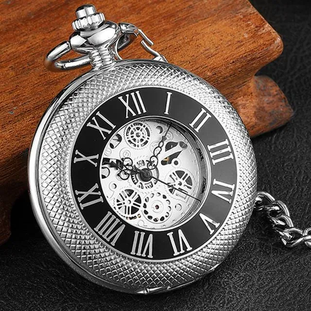 Vintage Unisex Engraved Hand Wind Mechanical Steampunk Skeleton Pocket Watch