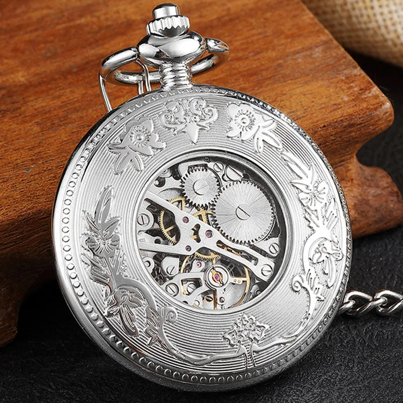 Vintage Unisex Engraved Hand Wind Mechanical Steampunk Skeleton Pocket Watch