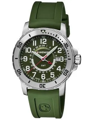 Wenger Mens Off Road GMT - Stainless Steel - Green Dial - Green Silicone Strap