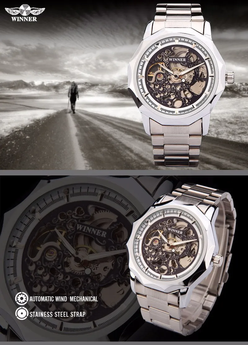 WINNER brand watches men mechanical skeleton wrist watches fashion casual automatic wind watch gold steel band relogio masculino