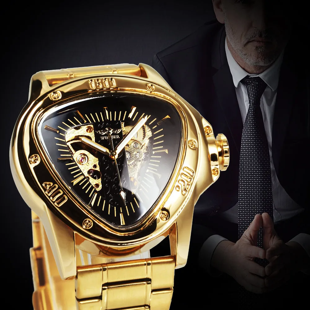 WINNER Gold Triangle Skeleton Automatic Mechanical Watch for Men Stainless Steel Strap Luminous Hands Luxury Watches