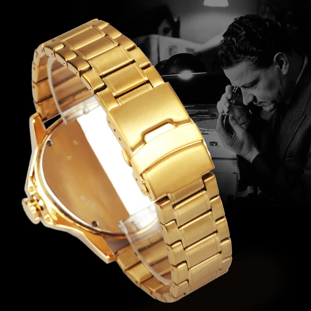 WINNER Gold Triangle Skeleton Automatic Mechanical Watch for Men Stainless Steel Strap Luminous Hands Luxury Watches