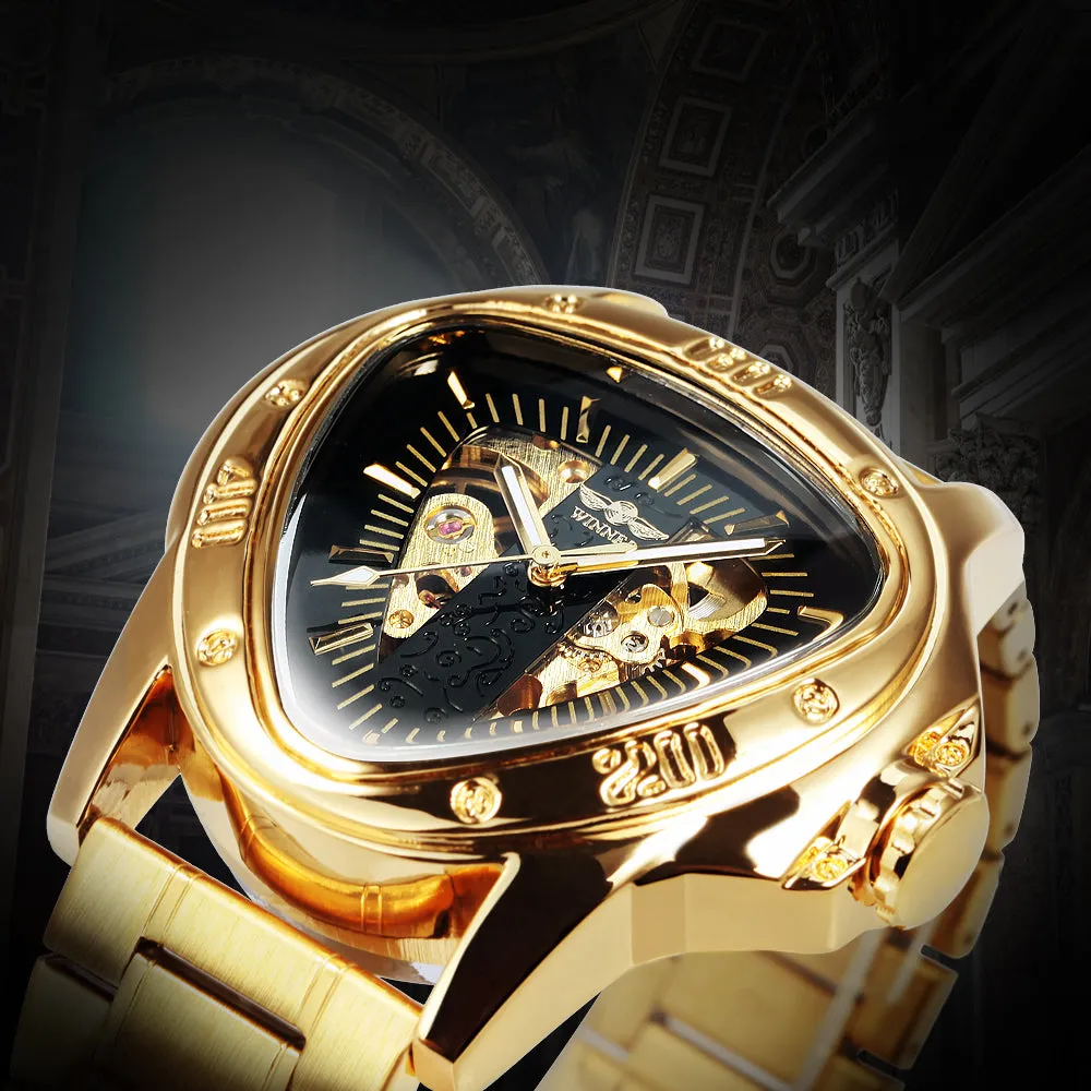 WINNER Gold Triangle Skeleton Automatic Mechanical Watch for Men Stainless Steel Strap Luminous Hands Luxury Watches