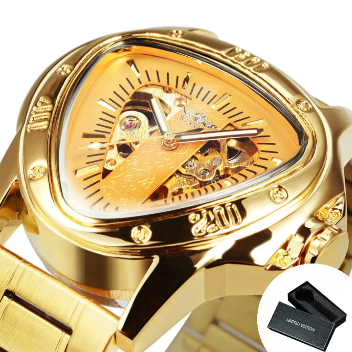 WINNER Gold Triangle Skeleton Automatic Mechanical Watch for Men Stainless Steel Strap Luminous Hands Luxury Watches