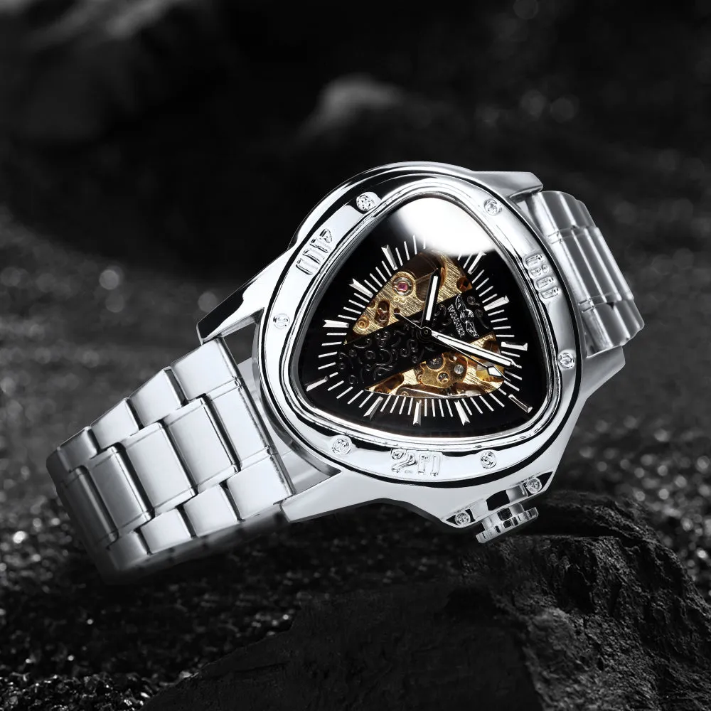 WINNER Gold Triangle Skeleton Automatic Mechanical Watch for Men Stainless Steel Strap Luminous Hands Luxury Watches