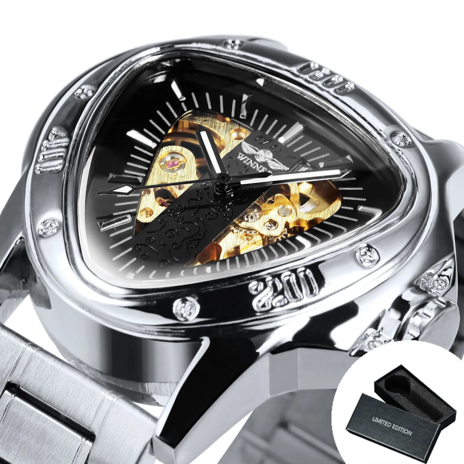 WINNER Gold Triangle Skeleton Automatic Mechanical Watch for Men Stainless Steel Strap Luminous Hands Luxury Watches
