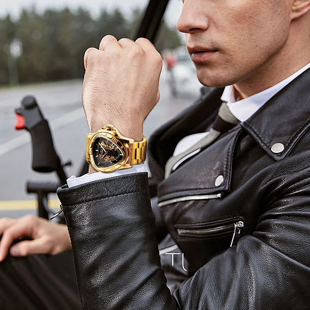 WINNER Gold Triangle Skeleton Automatic Mechanical Watch for Men Stainless Steel Strap Luminous Hands Luxury Watches