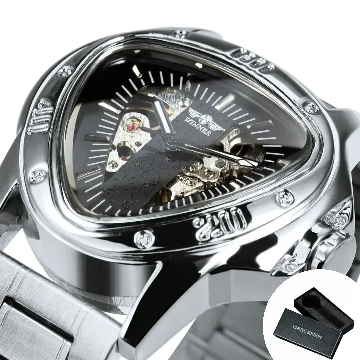 WINNER Gold Triangle Skeleton Automatic Mechanical Watch for Men Stainless Steel Strap Luminous Hands Luxury Watches