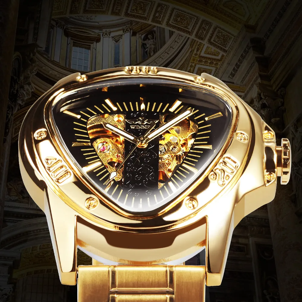 WINNER Gold Triangle Skeleton Automatic Mechanical Watch for Men Stainless Steel Strap Luminous Hands Luxury Watches