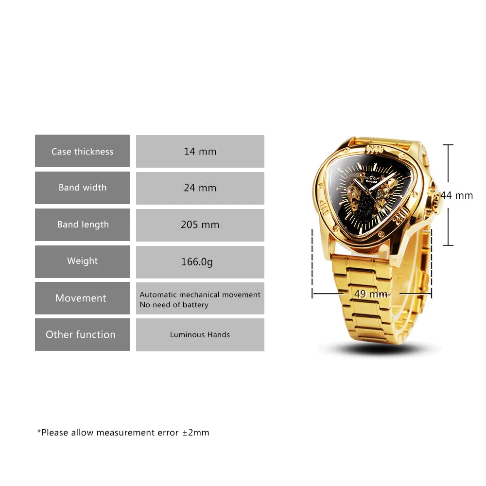 WINNER Gold Triangle Skeleton Automatic Mechanical Watch for Men Stainless Steel Strap Luminous Hands Luxury Watches