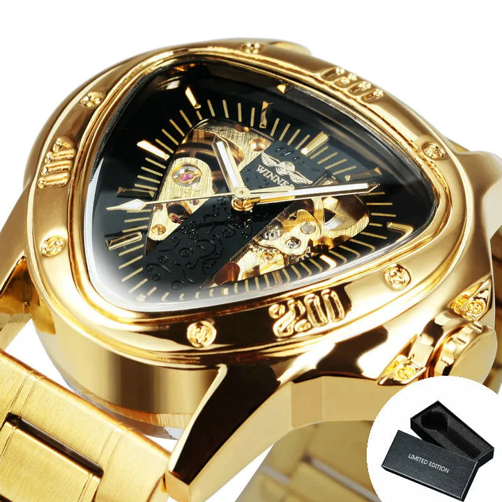 WINNER Gold Triangle Skeleton Automatic Mechanical Watch for Men Stainless Steel Strap Luminous Hands Luxury Watches