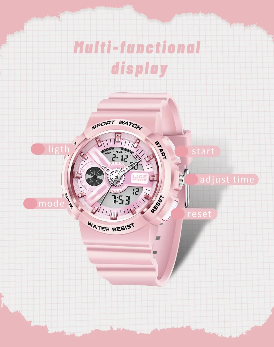 Women's Dual Display Analog Digital LED Electronic Waterproof Sports Watch