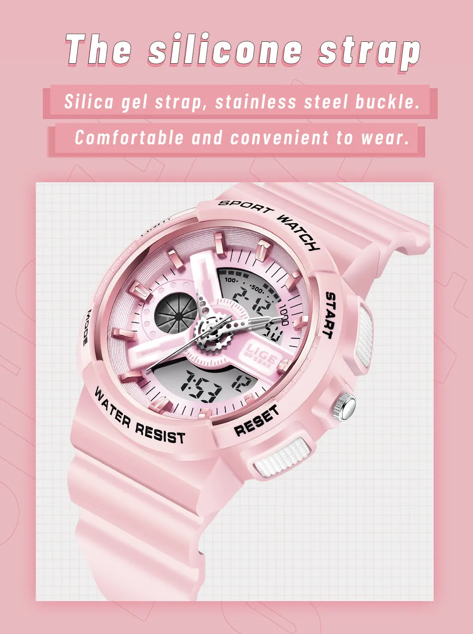 Women's Dual Display Analog Digital LED Electronic Waterproof Sports Watch