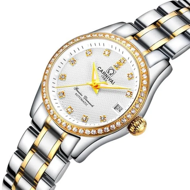 Women's Luxury Rhinestone Automatic Mechanical Date Steel Band Watch