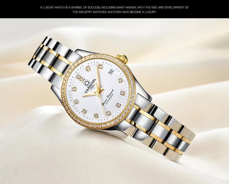 Women's Luxury Rhinestone Automatic Mechanical Date Steel Band Watch