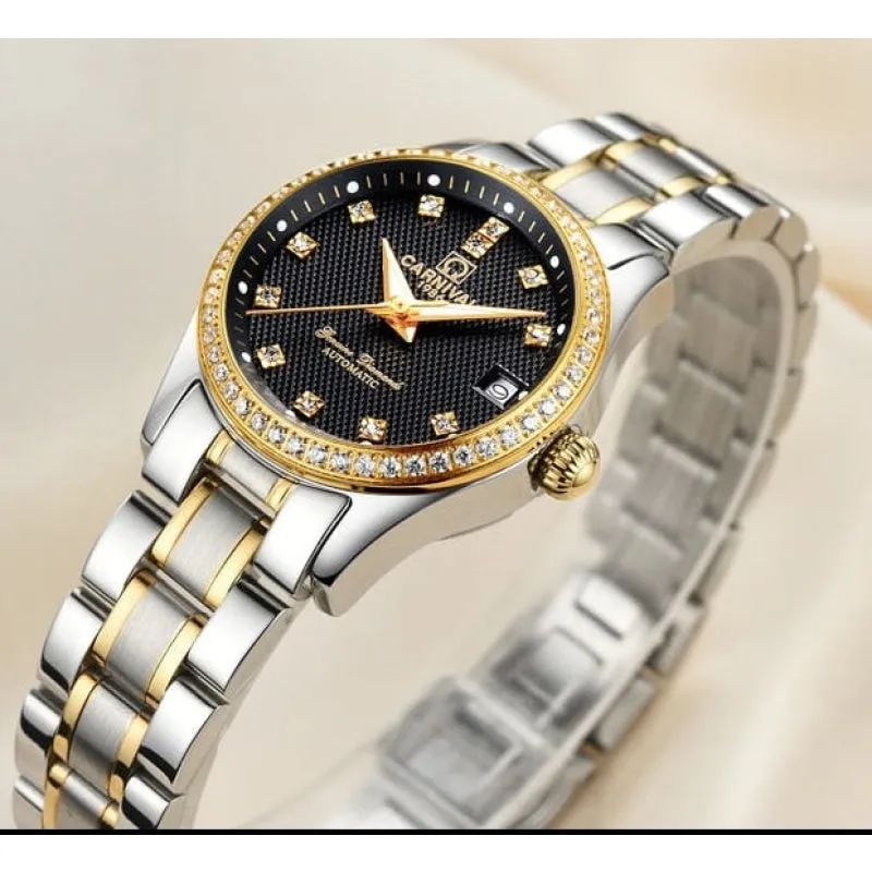 Women's Luxury Rhinestone Automatic Mechanical Date Steel Band Watch